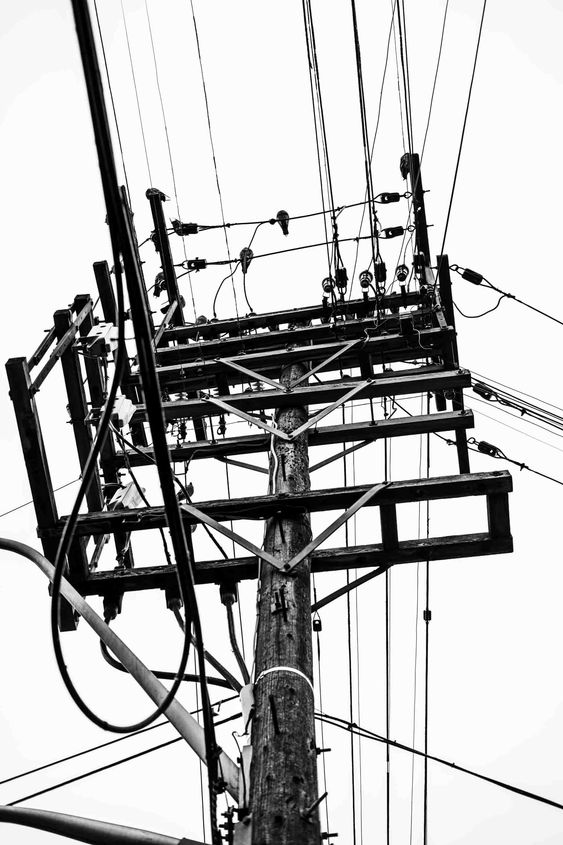black and white photograph of an electric power line pole, shot from the ground looking up. 